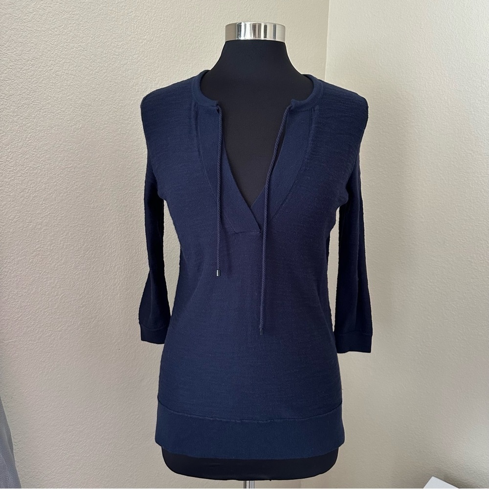 NWT Ann Taylor Split Neck Cotton Knit Navy Blue Sweater Size M